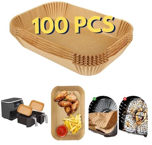 Disposable Air Fryer Liners- 100pcs Air Fryer Paper Liners for Ninja Air Fryer Dual- Food Grade Airfryer Liners for AF300UK AF400UK, Salter, Other Dual Airfryer- Non Stick Kitchen Accessories
