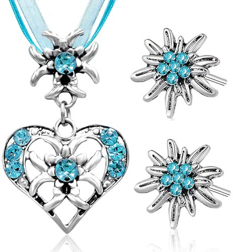 3 Stück Trachtenkette Wiesnherz,Trachtenschmuck Damen Set,Oktoberfest Trachtenschmuck Damen,Edelweiss Dirndl Schmuck für Damen Bierfest Trachten Dirndl Outfit Accessoires Oder Lederhose Damen Tracht