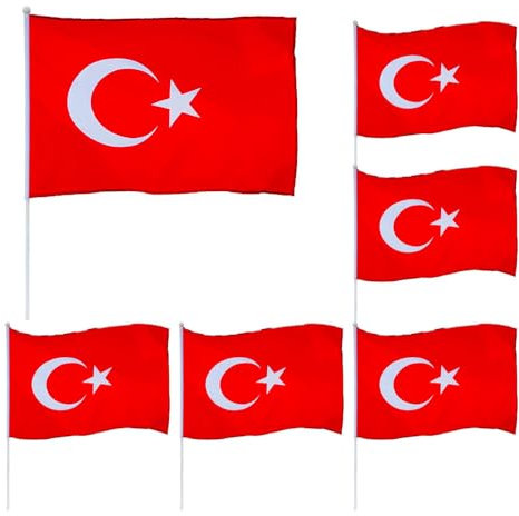 Murago - 6 x Türkei Handfahnen - mit ca. 60cm Stab & 30x45 cm große Flagge türkische Fahne Türkiye Bayrak Fanartikel EM Demo Hochzeit Dügün Dekoration