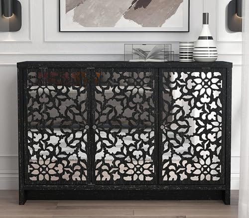 Galano Norwich 3 Door Sideboard – Modern Laser Cut Design with Acrylic Mirror – Storage Cabinet for Living Room, Bedroom, or Kitchen – Rustic Black Oak