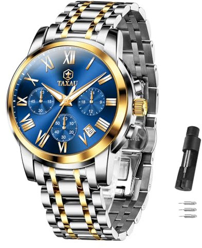 Taxau Herrenuhr Edelstahl Blau Chronograph Analogue Quartz Uhr Armbanduhr für Herren mit Datum Wasserdicht Herrenarmbanduhr Leuchtende Klassische Luxus Business Herrenuhren