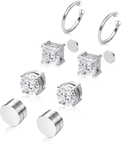 Trinckle Magnetic Earrings for Men and Women, 4 Pairs Clip on Earrings Silver Stainless Steel Studs Hypoallergenic Ear Cuffs Non Piercing Magnet Cubic Zirconia Studs Silver Jewelry