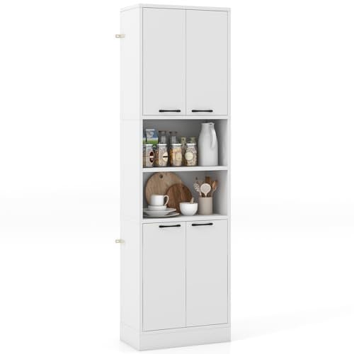 COSTWAY Tall Kitchen Cupboard, 4-Door Buffet Pantry Storage Cabinet with Shelves, Safety Hinges & Anti-tipping Devices, Freestanding Sideboard Organizer Unit for Dining Room Living Room (White)