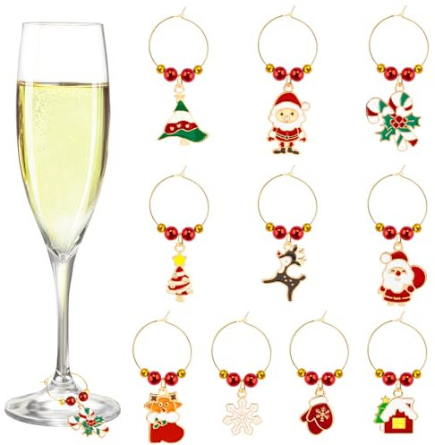 MELLIEX 10 Piezas Colgantes para Copas de Vino de Navidad, Encantos de Copa de Vino, Etiquetas de Botella de Cristal con Diseño de Hebilla para Vino, Cóctel, Champán, Fiesta, Regalos de Decoración