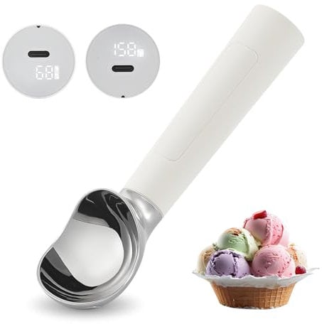 Heated Ice Cream Scoop Rechargeable, Electric Warming Ice Cream Scooper with LED Display, Heats to 70°C for Hard Ice Cream, Easy for Seniors & Kids, IP67 Waterproof (White)