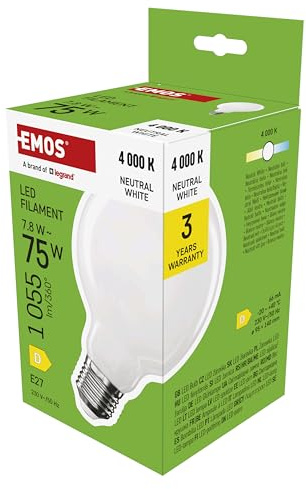 EMOS LED Lampe Edison G95, 7,8W Ersatz für 75W Glühbirne, milchige Glühlampe Globus mit E27 Sockel und Helligkeit 1055 lm, Neutralweiß 4000 K, 25000 Stunden Lebensdauer, CRI > 80, 360° Abstrahlwinkel