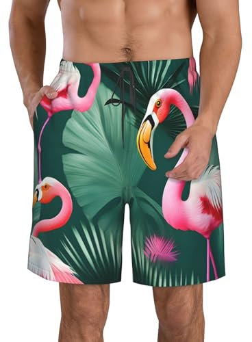 Short de bain extensible pour homme - Motif feuilles de palmier et flamants roses - Séchage rapide, blanc, M