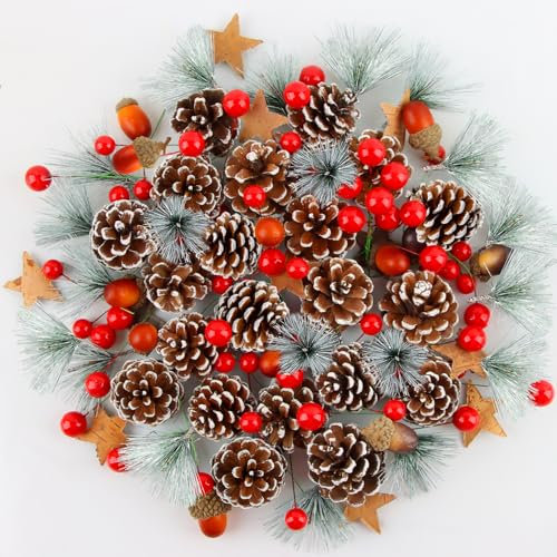 Hyran Weihnachten Tannenzapfen, 108 Stücke Weihnachtsbaumschmuck, Weihnachtskranz Deko, Adventskranz Deko, Natürliche Tannenzapfen, Rote Beeren, Eicheln, Kiefernnadeln, Stern aus Birkenrinde