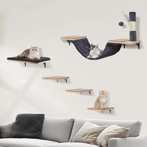 Katzen Kletterwand Set, Kletterwand Katzen aus Massivholz–mit Hängebrücke, Kratzbaum, Katzentreppe, Katzenliege und Hängeball, Filzpads verhindern EIN Ausrutschen-purpurgrau