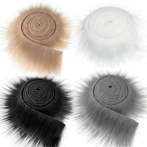 Ksvaye 4 Stück Kunstfell zum Basteln 5 x 150 cm Langhaarplüsch, Fell zum Basteln Meterware, Fellstoff, Kunstpelz Band für Wichtelbart Santa Hair Dwarf DIY Dekoration (Weiß Braun Schwarz Grau)