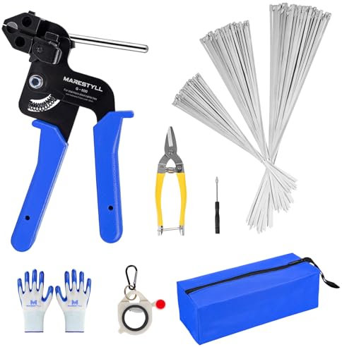 Stainless Steel Cable Tie Gun Set with 150 Heavy Duty Cable Ties, Special Tool for Fastening and Cutting Metal Ties with Zipper, for Fence Parts