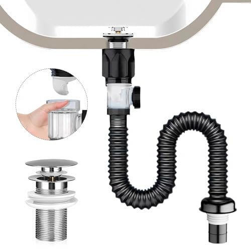 Kitchen Sink Waste Kit, Pop Up Waste with Flexible Waste Pipe Universal Bathroom Sink Waste Odour Proof and Leakproof Basin Waste for Bathroom Sinks (Black)