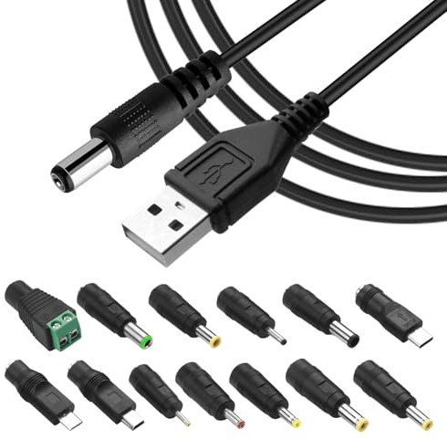 Jesiah USB to DC 5V Cable, 5V USB Power Cord with 13 Connector Plugs Universal DC 5.5 X 2.1mm Charging Cable for Laptops Speakers Power Banks