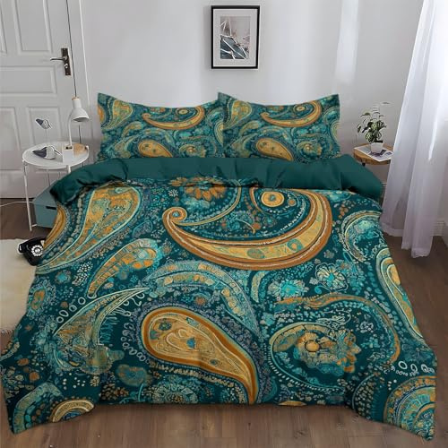 Generisch Bettbezug-Set 155x220cm, Paisley Muster wendbar Bedruckt pflegeleicht und Mikrofaser superweiche Bettwäsche 1 Bettbezug + 2 Kissenbezüge Paisley Muster