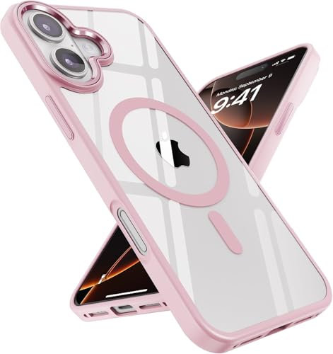 ULAK Magnetic Case for iPhone 16 Clear, [Anti-Yellow] Transparent Shockproof Cover Soft TPU Hard Bumper Protective Phone Cover Compatible with MagSafe for iPhone 16 6.1 - Pink