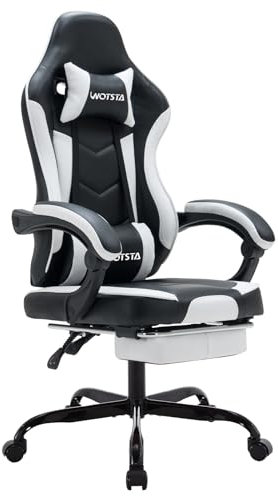 WOTSTA Chaise Gaming Racing, Siege Gaming Repose-Pieds Rétractable, Fauteuil Gamer avec Massage Lombaire, Fauteuil Bureau Ergonomique Confortable, Dossier Inclinable à 135°, Charge 120 kg