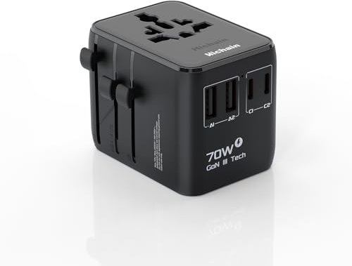 Hichain Adaptador Enchufe Universal 70W Universal Enchufe Viaje Adaptador Viaje de Carga Rápida 2 Puertos USB-A 2 Puertos USB-C Plug Pared Todo en Uno para USA EU UK AUS