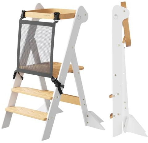 COSYLAND Lernturm Faltbar Montessori Learning Tower Holz, Weiß/Natur | Faltbarer Tritthocker mit doppelten Stützfüßen & Sicherheitsnetz. 2-fach höhenverstellbar für Küche & Bad, 18M-6Y.