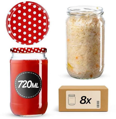 KADAX 8er Set Einmachgläser 720ml TO82 Rot gepunktet, Große Sturzgläser mit Schraubdeckel, Einkochgläser Fermentierglas für Gurken, Gemüse, Sauerteig