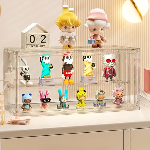 2 Stück Acryl Vitrine für Pop Figuren,Staubdichte Schaukasten Glasvitrine, Vitrine Klein mit Tür Für Action Figuren Spielzug MiniFiguren Sammelfiguren,Selbstmontage(2 Etagen,34x16x18cm