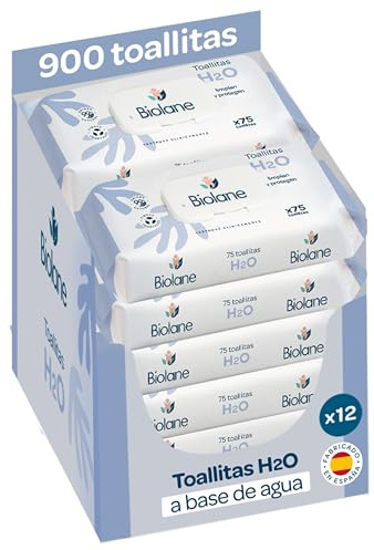 Biolane - Toallitas de agua H2O Bebé, 900 Toallitas (12 Paquetes de 75 Unidades), 99% Ingredientes Naturales, Fibras 100% Vegetales, Bebés y recién nacidos, Piel Sensible, Fabricadas en España