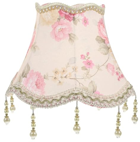OUNONA Stofflampenschirm E27 Retro Fransen Perlen Tischlampenschirm aus Stoff und Eisen Europäischer Stil Rosa Zimmerdeko für Schlafzimmer und Wohnzimmer
