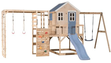 Wendi Toys M24-G Spielhaus aus Holz-FSC mit Rutsche, Schaukel, Kletterwand, Stelzenhaus Garten Kinder Outdoor 342×508×242 cm, mit Kletternetz, Turnringen