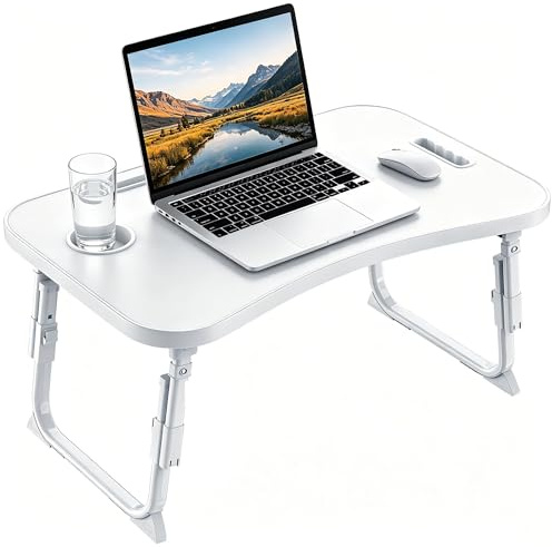 MeisterPro Laptop Table Height Adjustable, Foldable Bed Desk with Cup Holder & Phone Slot, Portable Lap Tray for Working, Eating, and Reading, 60 x 40 x 25-31 cm (White)