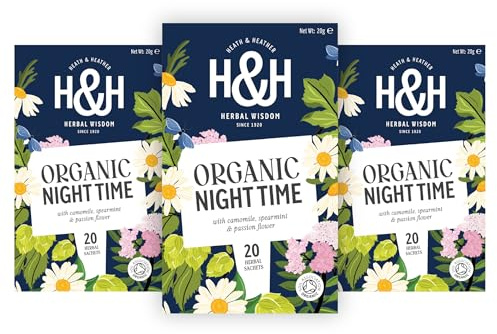 Heath & Heather Organic Night Time Tea Bags – 3 Pack Box | Chamomile, Spearmint & Passion Flower Herbal Blend | Calming Caffeine-Free Bedtime Tea