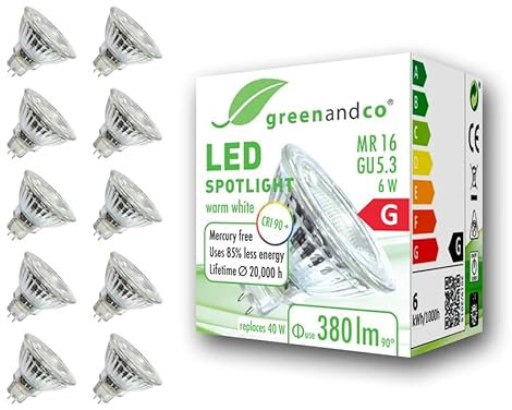 greenandco 10x CRI 90+ MR16 GU5.3 LED Spot | 6W 380 lm | 3000K warmweiß | 36° | 12V AC/DC | nicht dimmbar