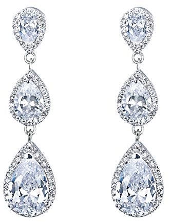 EVER FAITH Damen Zirkonia Hochzeit Braut 3 Teardrop lange baumeln Ohrringe klar Silber-Ton