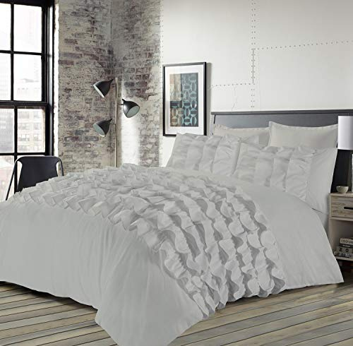Voice7 Priscilla 3pc Frilled Super-King Duvet Cover + Two Pillow Cases - Pleated PinTuck Classical Quilt Covers Bedding Set UK Sizes (Silver, Super King)