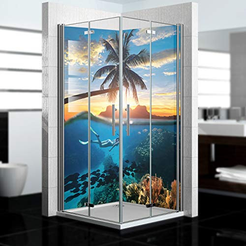 dedeco Eck-Duschrückwand wasserfest mit Ozean V3 Motiv - 2 x 90x200cm, als Badrückwand zum Fliesenersatz, für viele Bäder als Dekorwand, Wandverkleidung und Duschplatte aus Aluminium - Made in Germany