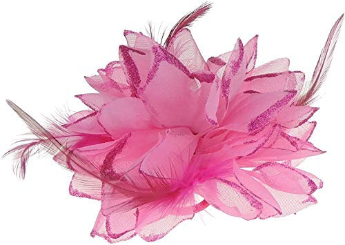Large Feather Glitter Hair Flower Fascinator Hair Tie Clip Fuchsia Pink