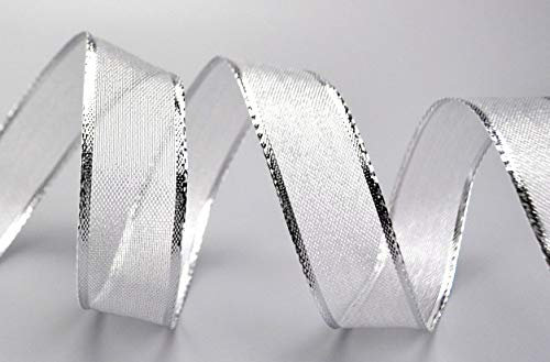finemark 20 m x 25 mm Dekoband LUX Silber glänzend transparent Schleifenband Geschenkband mit Draht Drahtkantenband Weihnachten metallisch mit Glanz Kante elegant Christmas Ribbon metallic