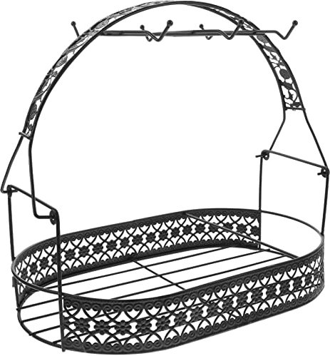 Wrought Iron Cup Organizer with Hooks and Wire Basket Elegant Black Storage Rack for Mugs and Cups Flatback Design for Countertop Use for Kitchen Display and Storage