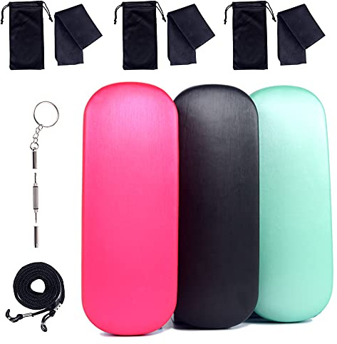 ADBGV 3pcs Unisex Hard Shell Glasses Case, Glasses Protector Case, Sunglasses Cases with Cleaning Cloth, Fixed Non-Slip Cord