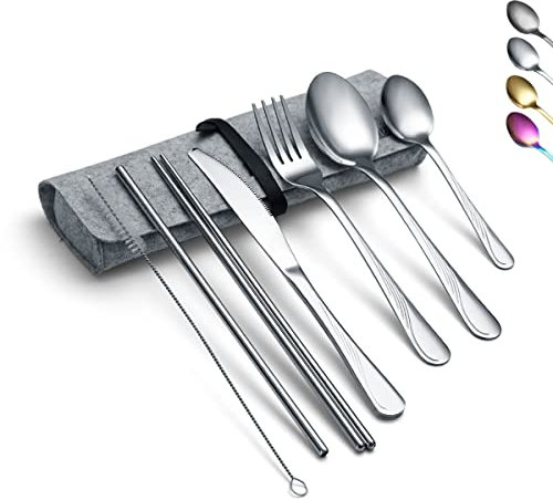 Evanda Portable Utensils, Travel Camping Cutlery Set, Stainless Steel Flatware Set Travel Silverware Dinnerware Set with a Portable Case (Silver)