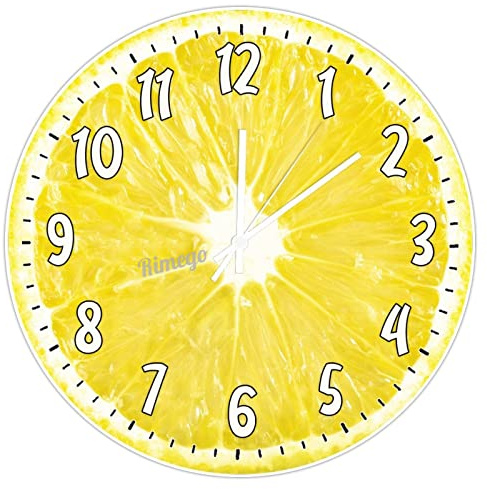 Citron väggklocka, tyst icke-tickande 25 cm rund träväggklocka heminredning romerska siffror klocka konst för vardagsrum kök sovrum fartyg från USA