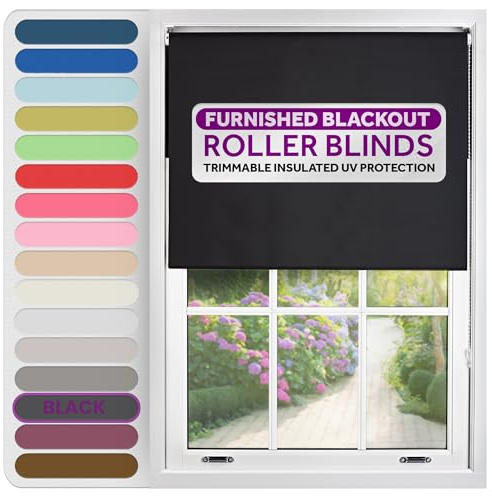 FURNISHED Roller Blinds Window Blackout, Black, 115cm Wide x 165cm Long | Thermal 100% blackout trimmable insulated UV protection child safe easy fit home office window blinds
