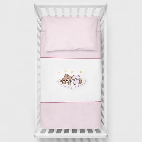 Baby Comfort 2 Pcs Kids Cotton Duvet Cover Pillowcase Bedding Set for Cot Bed 135 x 100 cm 12M+ (Bear Pink)
