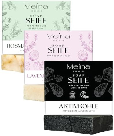 Meina Naturkosmetik - Bio Seifen Set, Naturseifen mit Aktivkohle, Teebaum, Rosmarin, Lavendel und Sandelholz, Organic zertifiziert, Vegan, Nachhaltig, Handgemacht, 3 x 100g