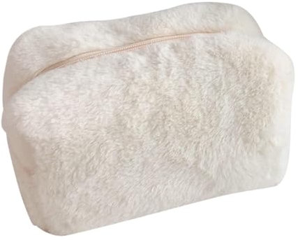 Cyrank Plüsch-Make-up-Tasche, Beige Flauschige Kosmetiktasche, süße Make-up-Werkzeug-Aufbewahrungstasche, Make-up-Tasche, tragbare Kosmetiktasche für Mädchen und Frauen