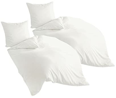 JACK by Bierbaum 155x220cm 4 TLG. hochwertige Uni Fein Biber Bettwäsche einfarbig Weiß/Anthrazit, Farbe:Weiß