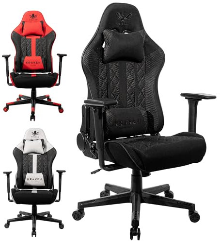 KRAKEN CHAIRS Gaming Stuhl Stoff - Schwarz - Bürostuhl - Ergonomisch Computer Stuhl Gamer - 130 kg Belastbarkeit - Gamerstuhl - Gamingsessel - Gaming Chair Ergonomic - Gamingstuhl - PC-Stuhl