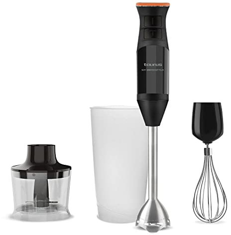 Taurus Bapi 1200 Rocket Plus - Batidora de mano, 1200W, pica hielo, cuchillas de acero inoxidable, set completo accesorios, diseño campana anti salpicaduras. 20 velocidades, Turbo, libre BPA