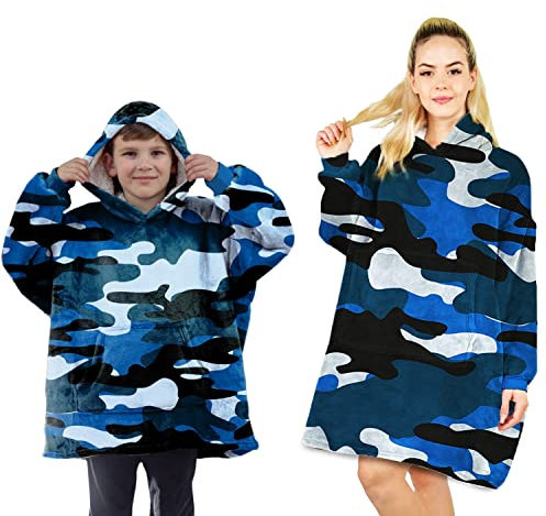 ALLEN & MATE Hoodie-Decke für Kinder und Erwachsene, übergroßer Decken-Hoodie, warmer Morgenmantel, weicher Fleece-Bademantel mit Kapuze, Geschenke, Mädchen, Teenager, Erwachsene (blaues Tarnmuster)
