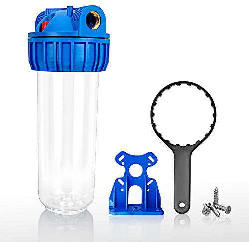 Lafiucy Boîtier de filtre à eau standard transparent de 10 pouces, version plus épaisse, orifice d'entrée/sortie en laiton de 3/4, support, 4 vis, clé à molette