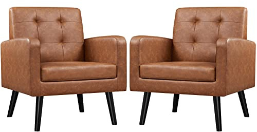 Yaheetech Mid-Century Accent Chairs, PU Leather Modern Upholstered Living Room Chair, Cozy Armchair Button Tufted Back and Wood Legs for Bedroom/Office/Cafe, Retro Brown 2 PCS