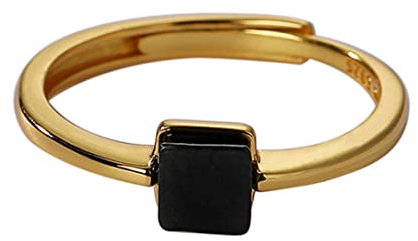 TYMONT Einfache S925 Sterling Silber Vergoldet Einstellbare Schwarze Jade Ring, Mode Sterling Silber Damen Edelstein Ring,Gold,11